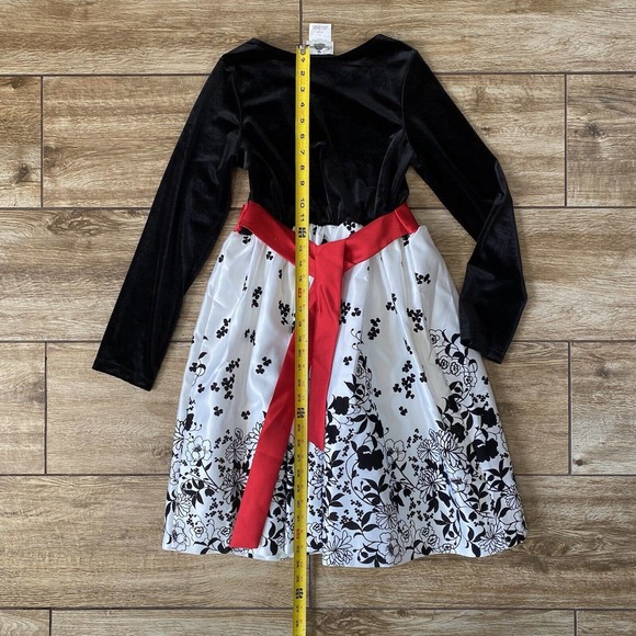 Girls Velvet Flocked Black & Red Matt Satin Dress - Picture 4 of 6